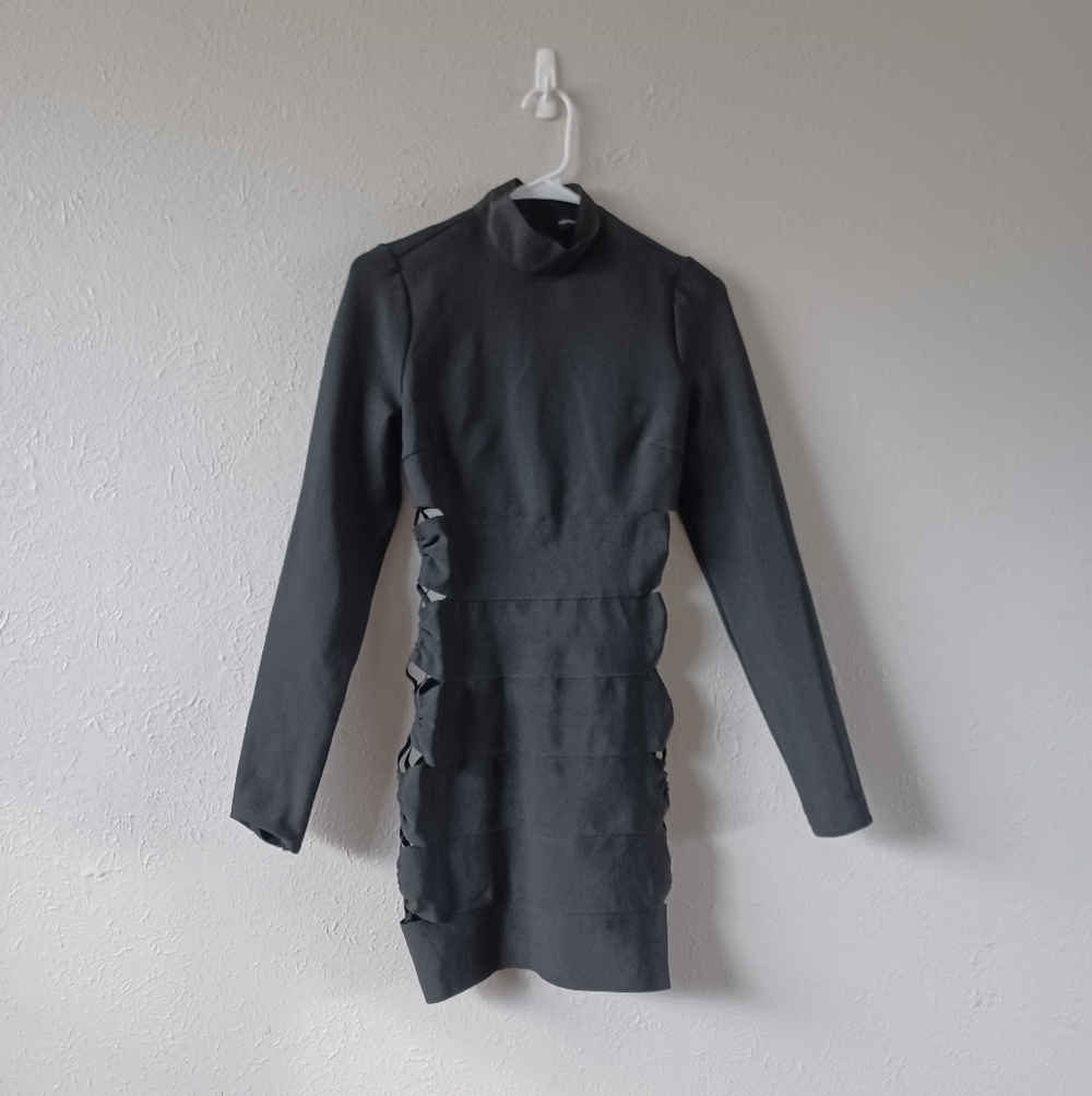 Pretty Little Thing Cut-Out Black Long-Sleeve Mock Neck Bodycon Dress